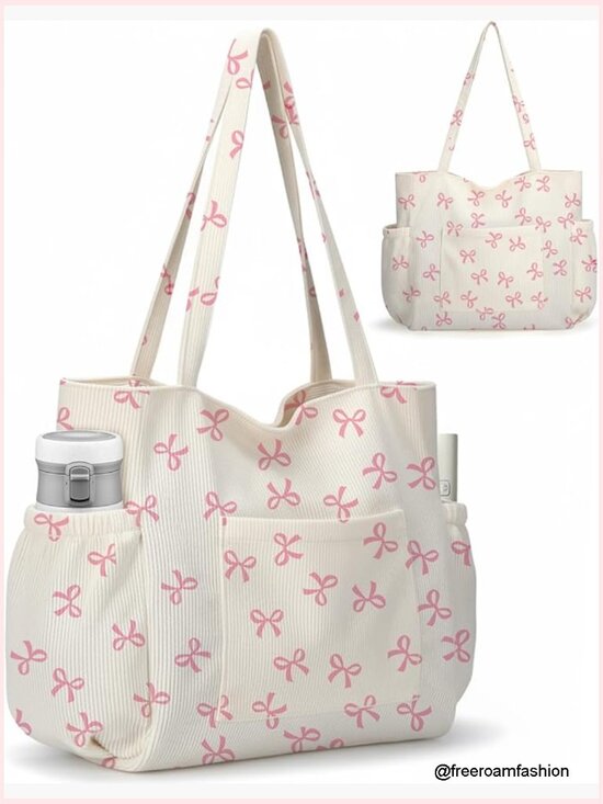 Handbags - Corduroy Tote Bag, Large Capacity with 6 Pockets, Crossbody Shoulder Handbag